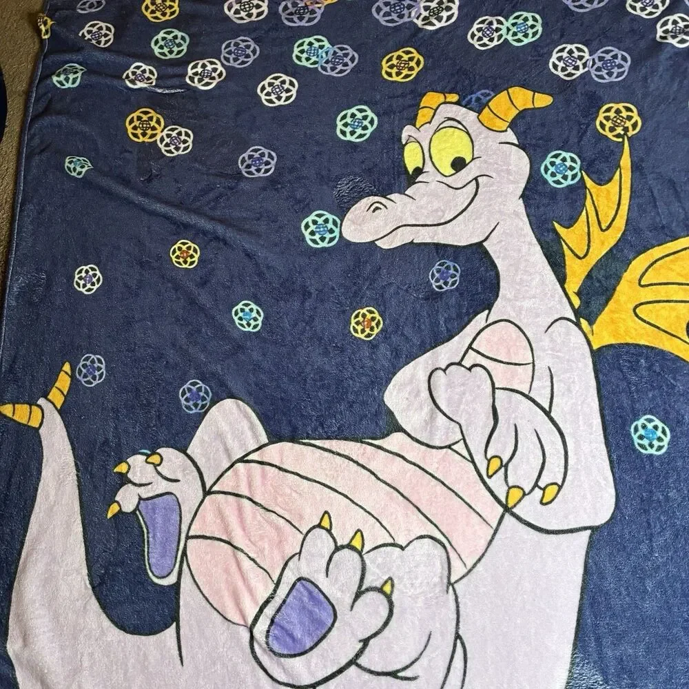 Disney Parks Figment Purple Dragon Print Soft Fleece Throw Blanket 80”x60” Rare